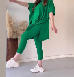 image-Round Neck Two-Piece Set - Yellow-Green Polyester Casual