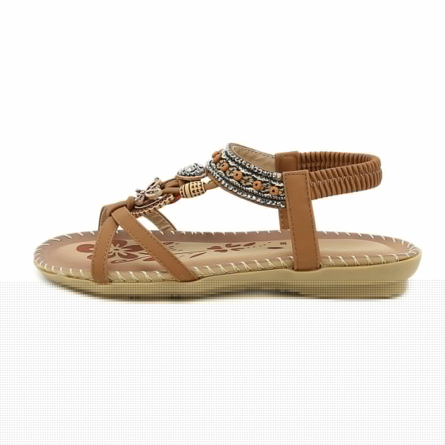 image-Ruilian 2023 Apricot Beach Sandals - Rhinestone Flat Open Toe TPR Sole, Large Size