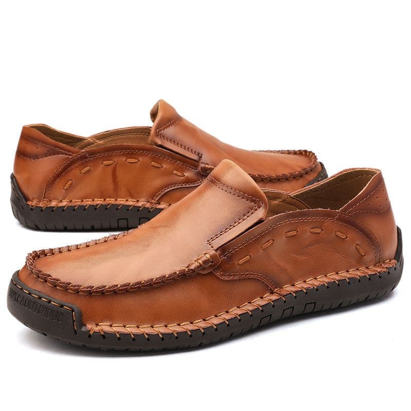 image-Men's Leather Casual Shoes - Hand-Stitched Brown Size 48