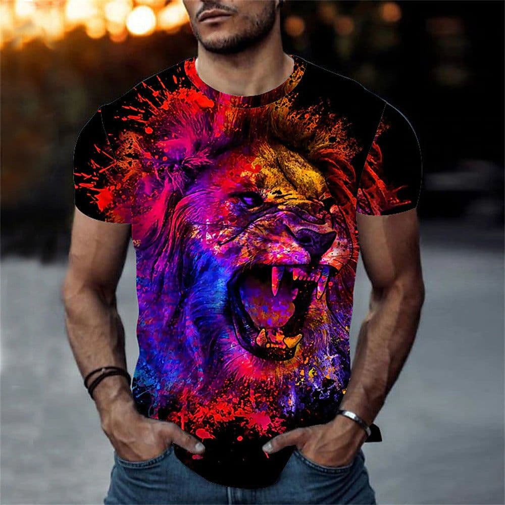 image-European & American 3D Lion Print Men's T-shirt, Short Sleeve, 6XL Comfortable