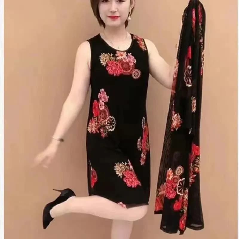 image-Plus Size Summer Two Piece Dress For Middle Aged Women Red