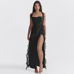 image-Red Sleeveless Slit Dress - Wood Ear Detail High Waist