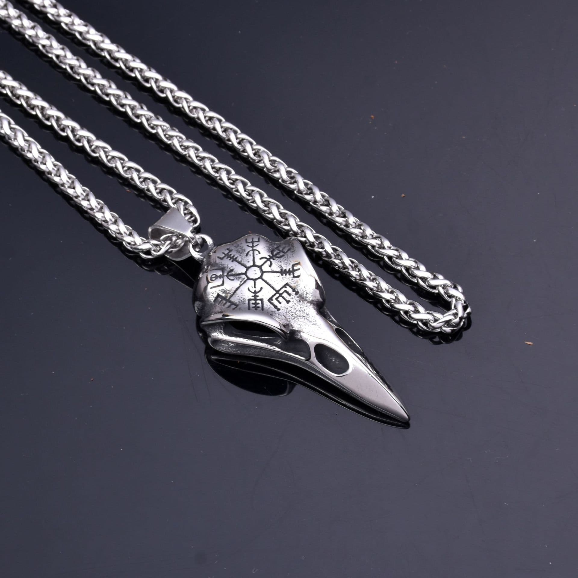 image-Cross-border exclusively for Nordic Viking men stainless steel crow skull compass rune pendant necklace jewelry wholesale