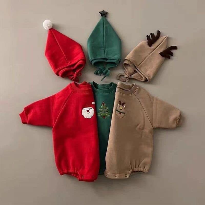 image-Baby Christmas Jumpsuit + Hat - Velvet Thickened Cartoon
