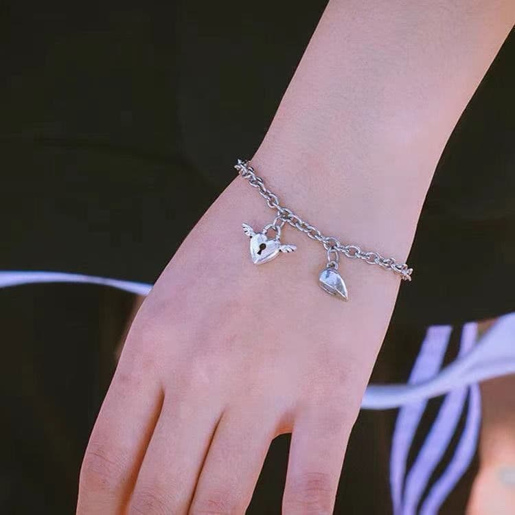 image-Simple Love Heart Bracelet Pair - Alloy Unisex Key Lock Jewelry