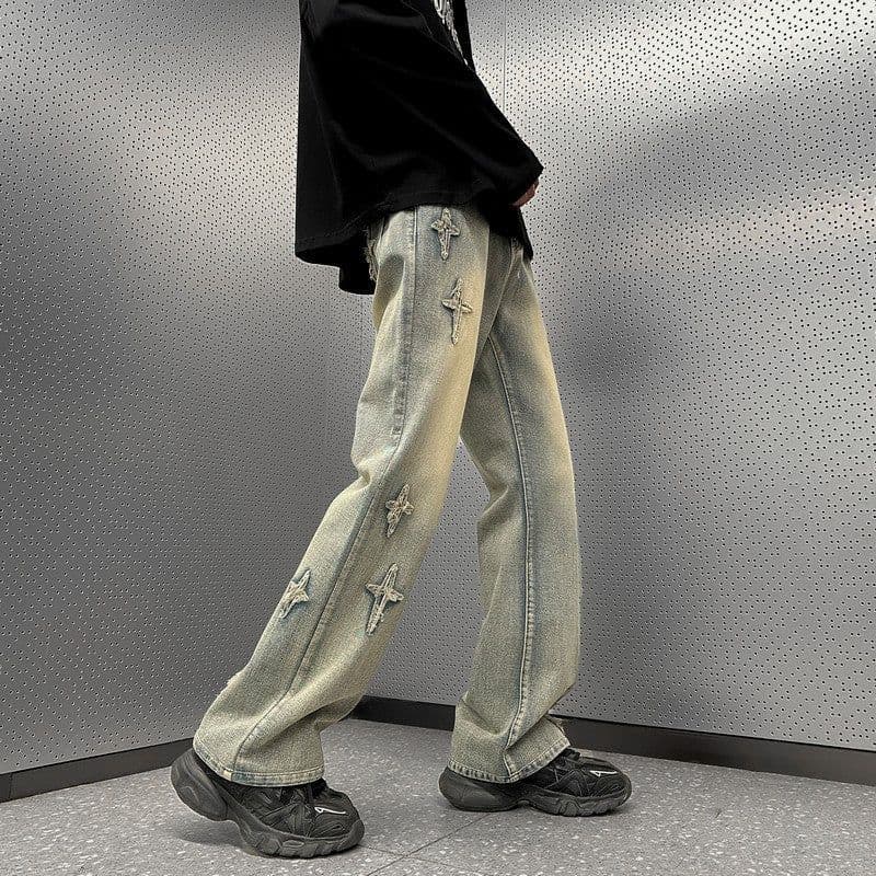 image-Yellow mud cross jeans men's spring and autumn national trend oversize pants handsome loose micro-flared wide-leg pants