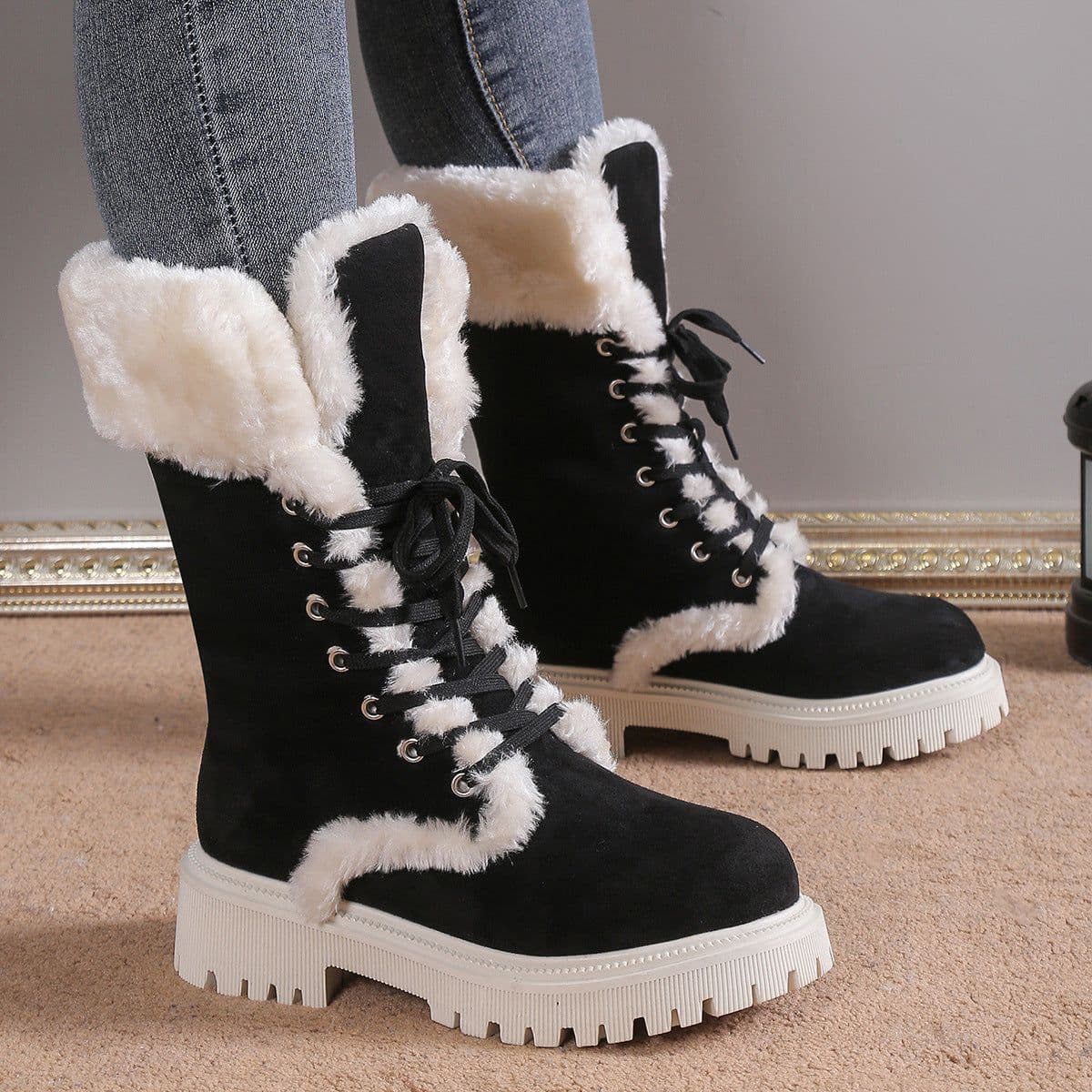 image-Women's Snow Boots - Black Suede Mid-Calf Lace-Up