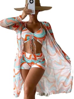 image-2023 New European and American foreign trade bikini swimsuit for women split three-piece drawstring high waist long-sleeved cover-up swimsuit