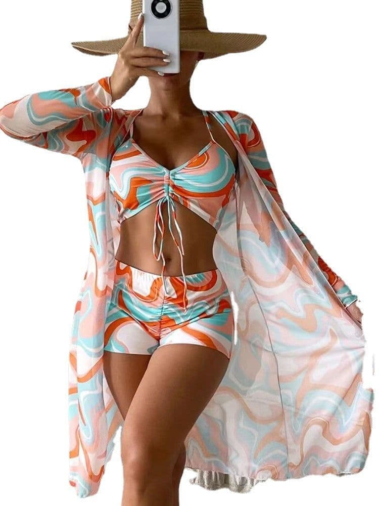 image-2023 New European and American foreign trade bikini swimsuit for women split three-piece drawstring high waist long-sleeved cover-up swimsuit
