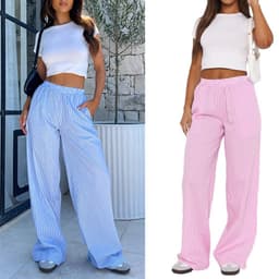 image-Women's Striped Wide-leg Trousers - Light Blue Casual