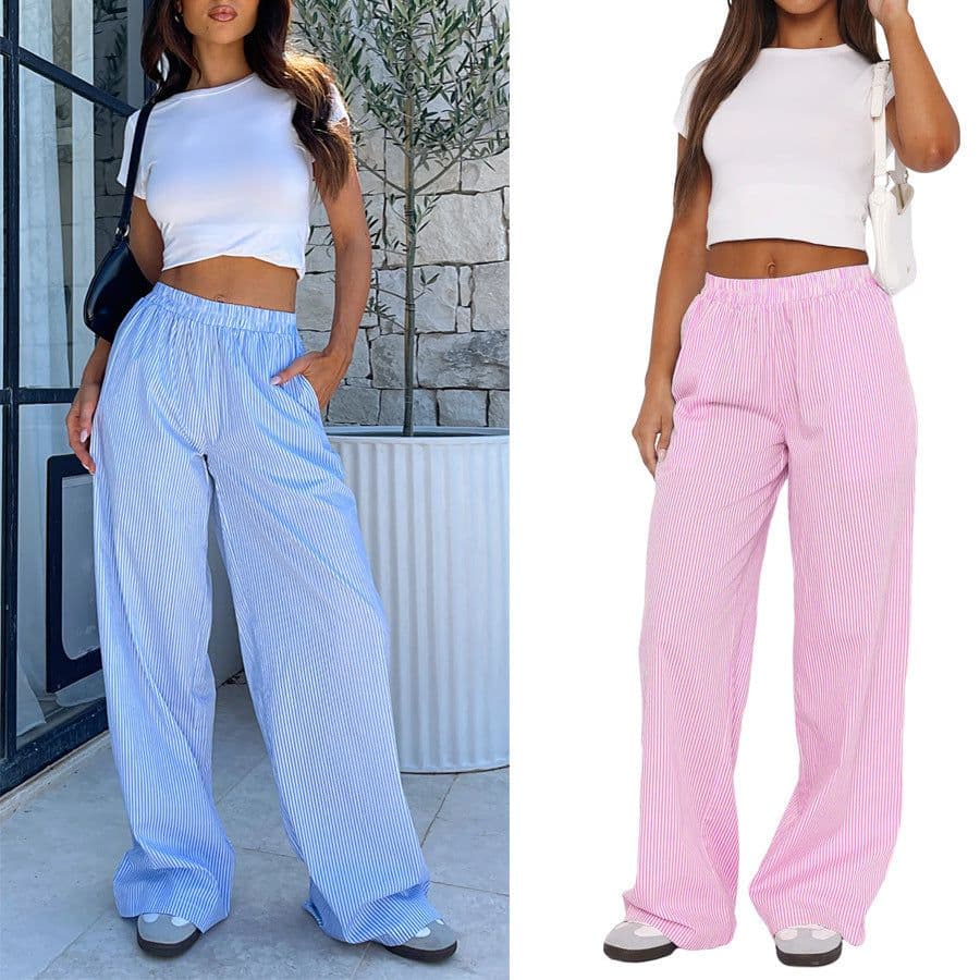 image-Women's Striped Wide-leg Trousers - Light Blue Casual