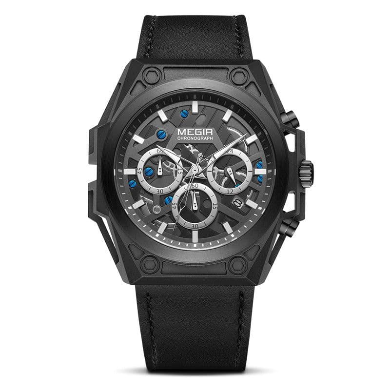 image-Megir 47mm Chronograph Sports Watch - Stainless Steel 50m Waterproof Black Strap