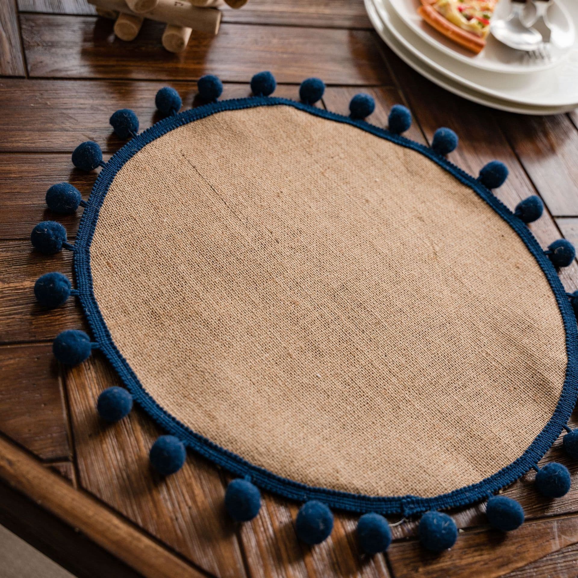 image-Yimanqiyun hemp rope placemat red tassel tableware mat woven color matching festival tassel bowl mat factory direct supply