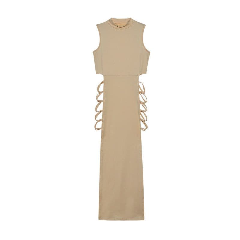 image-Women's Midi Skirt - Beige Lace-Up Sleeveless