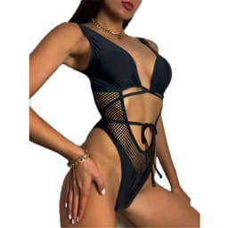 image-Black One-Piece Swimsuit Mesh Lace-Up L