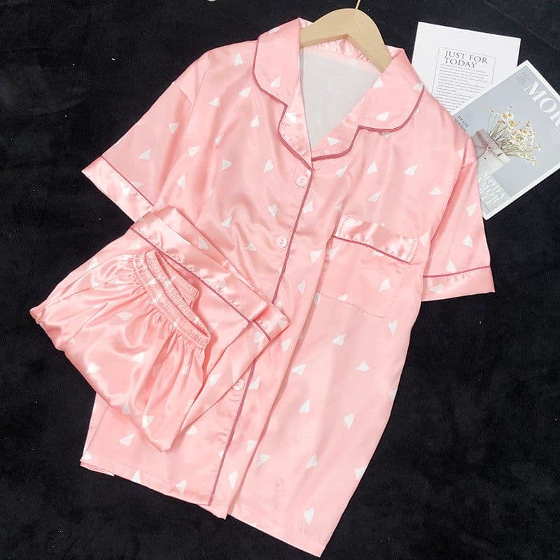 image-Women's Satin Pajama Set - Pink Lace Short Sleeve Shorts