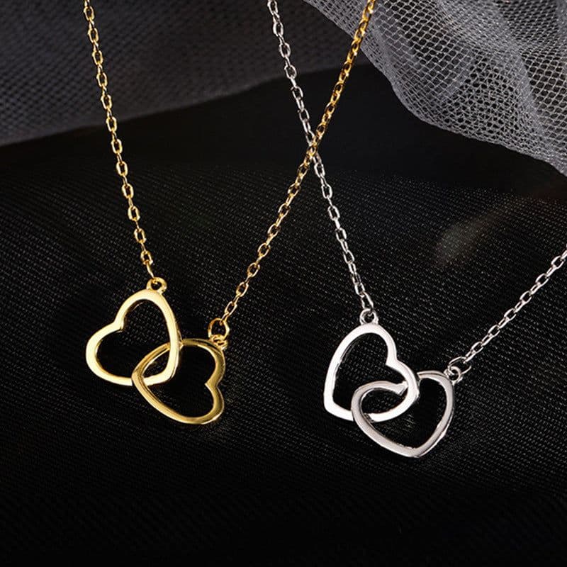 image-Japanese and Korean ins cold wind metal alloy peach heart double heart-shaped necklace female ring interlocking small love necklace