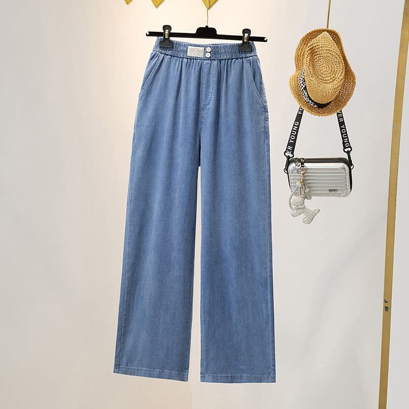 image-Large Size Blue Tencel Jeans - 2023 Korean Fashion High Waist Wide Leg