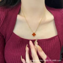 image-v gold 925 silver Fanjia four-leaf clover necklace high version women's thick plated 18k single flower pendant natural fritillary chalcedony