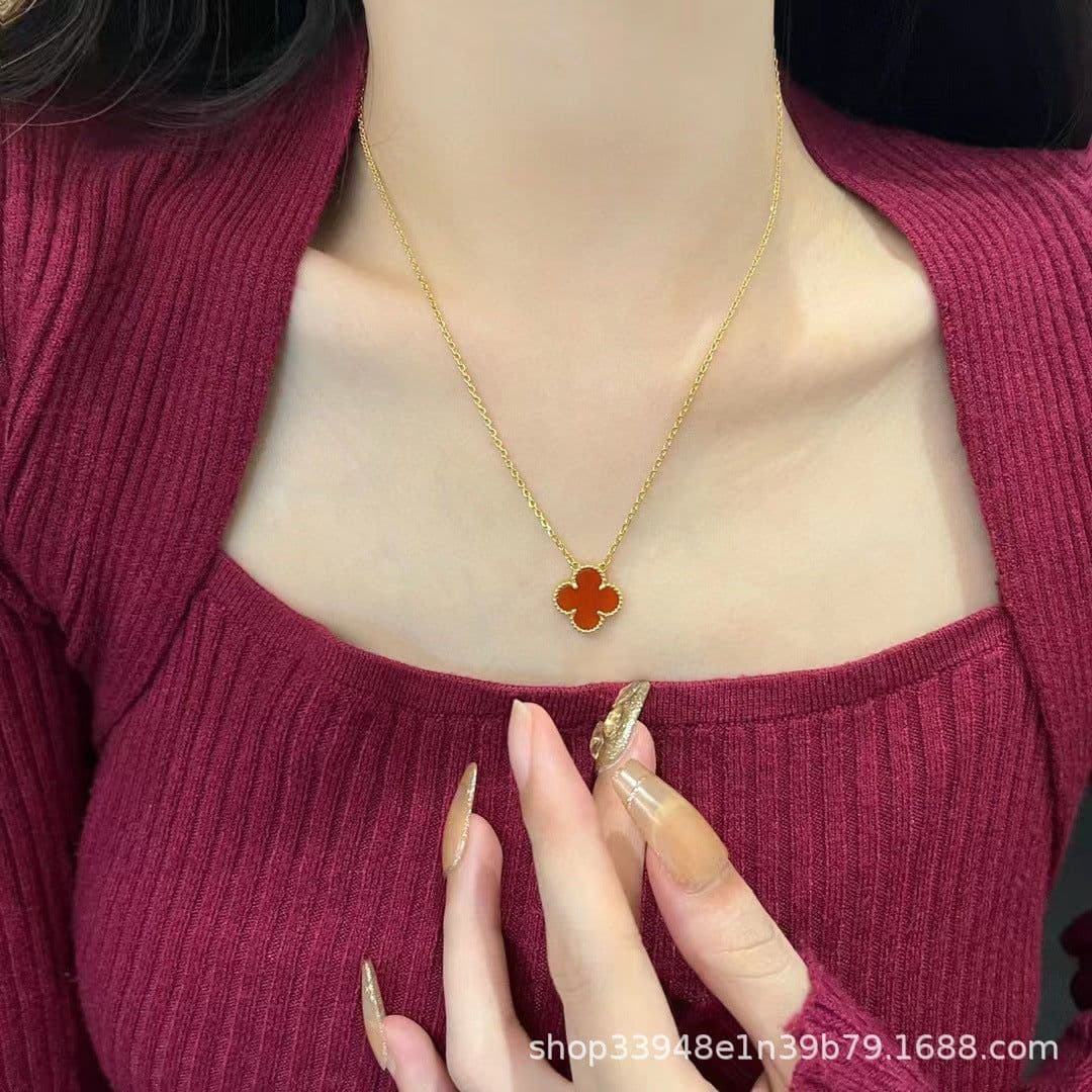 image-v gold 925 silver Fanjia four-leaf clover necklace high version women's thick plated 18k single flower pendant natural fritillary chalcedony