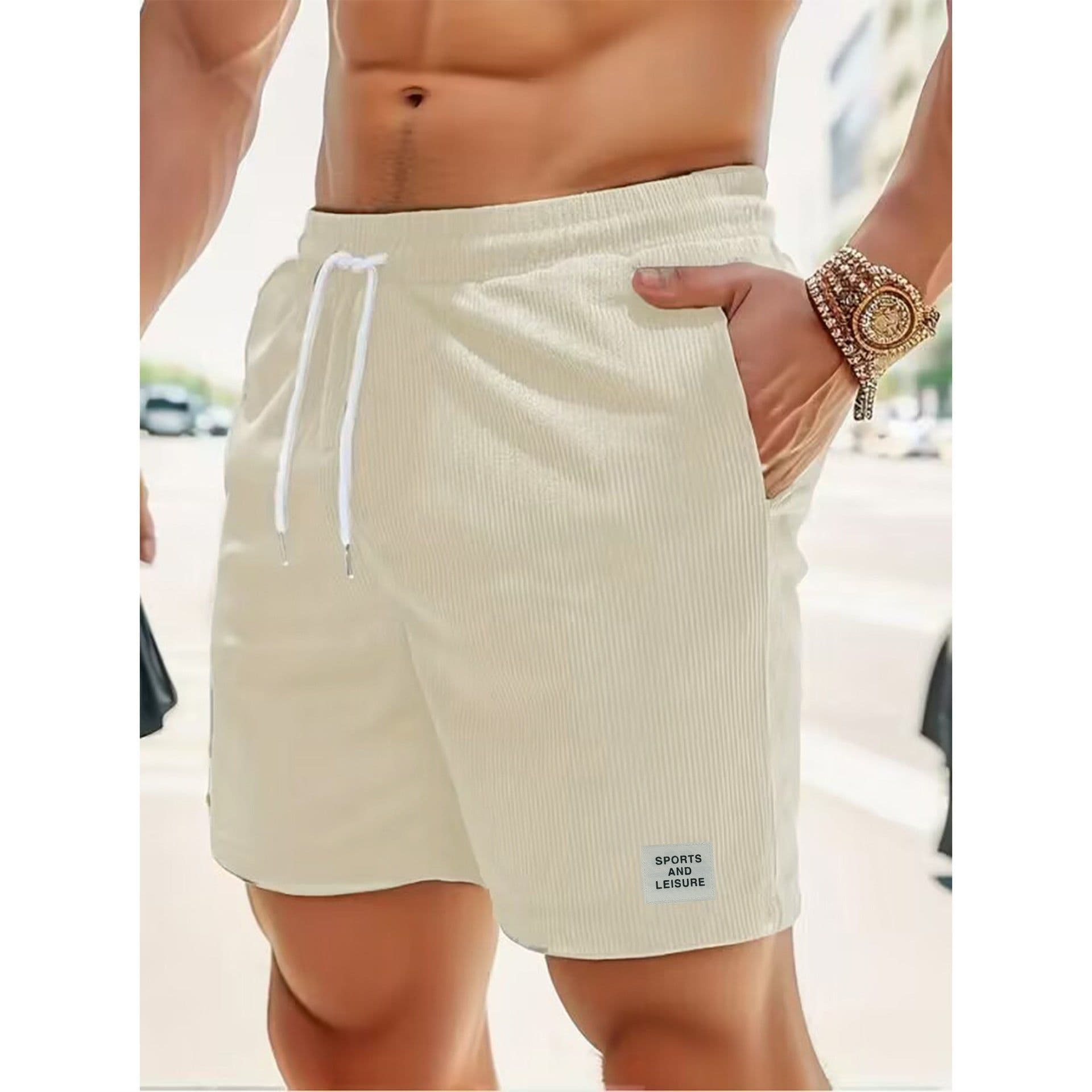 image-Men's Corduroy Shorts Blue Lace-Up Sports