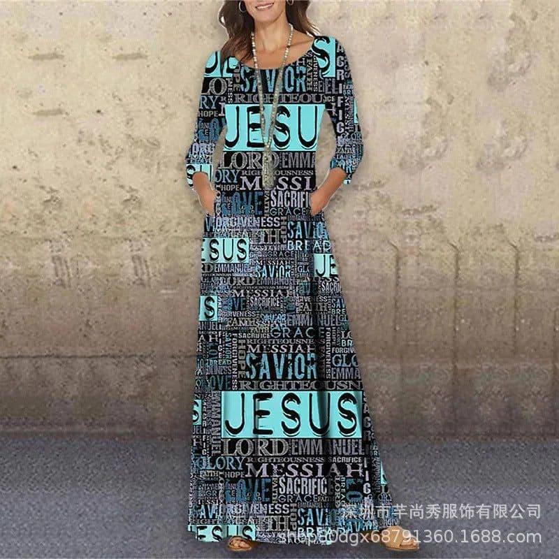 image-Women's Long Dress Round Neck High Waist Black