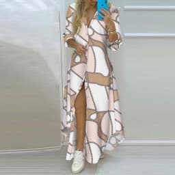 image-2022 spring foreign trade women's clothing temperament print single-breasted slit shirt dress long skirt