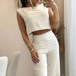 image-Women's Sleeveless Suit Set - Green Polyester Casual