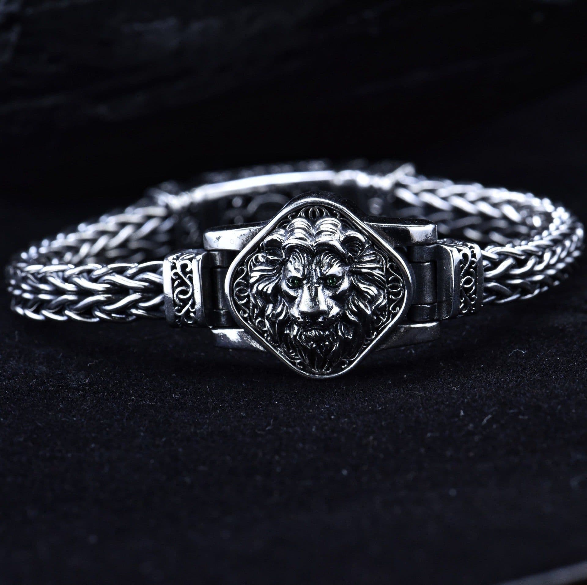image-Yin Yushang 925 Silver Lion Bracelet - Retro Men's Jewelry, 20cm