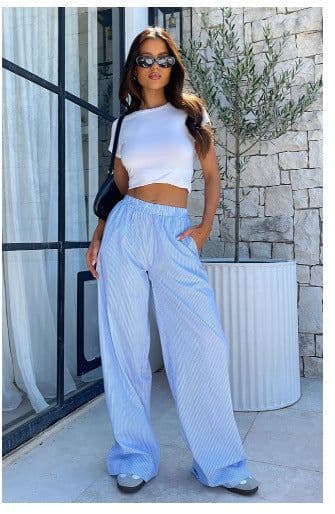 image-Women's Striped Wide-leg Trousers - Light Blue Casual
