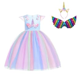 image-Halloween Unicorn Ruffle Sleeve Rainbow Dress - Light Blue, 3-8 Years