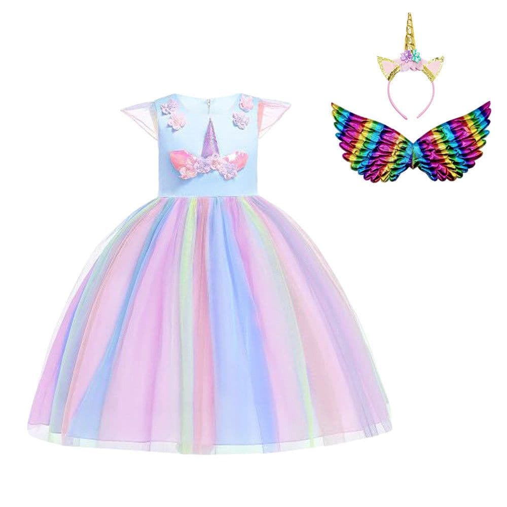 image-Halloween Unicorn Ruffle Sleeve Rainbow Dress - Light Blue, 3-8 Years