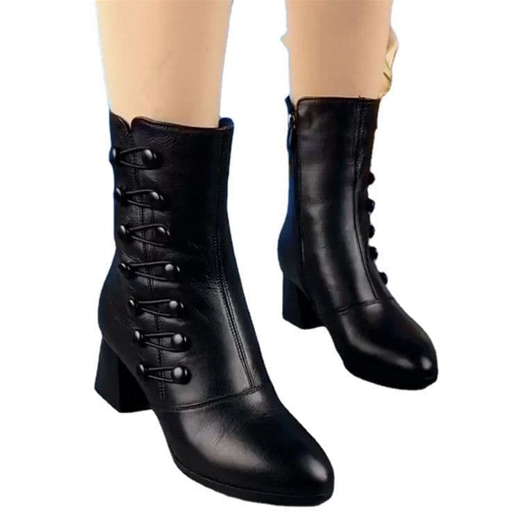 image-Women's Black Boots - Low Heel Side Zipper