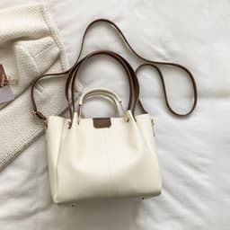 image-Khaki PU Bucket Bag - Large Capacity Tote