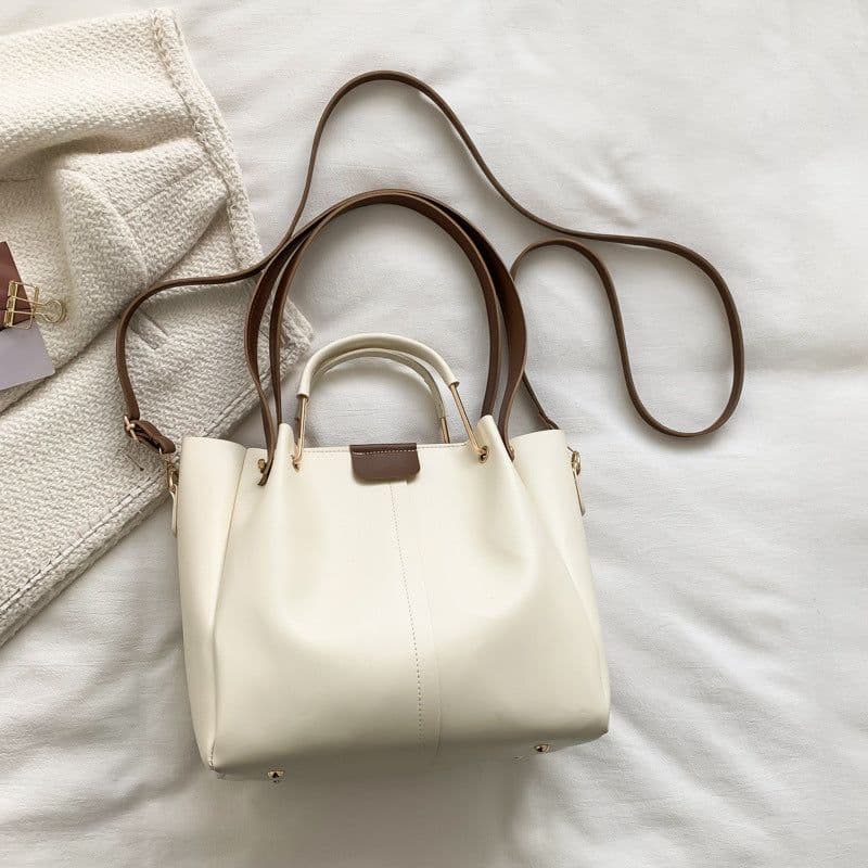 image-Khaki PU Bucket Bag - Large Capacity Tote