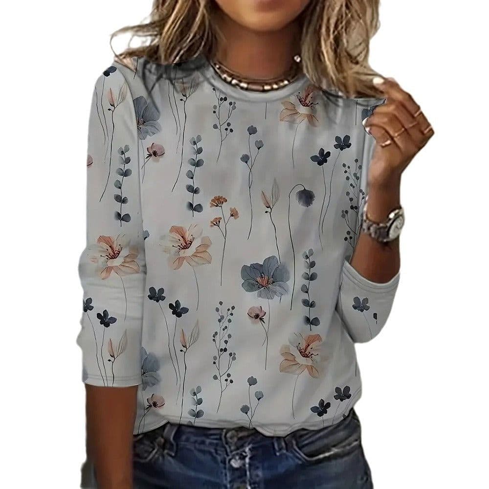 image-Juya 3D Floral Print Long-Sleeve T-Shirt - 6XL Women's Western Style