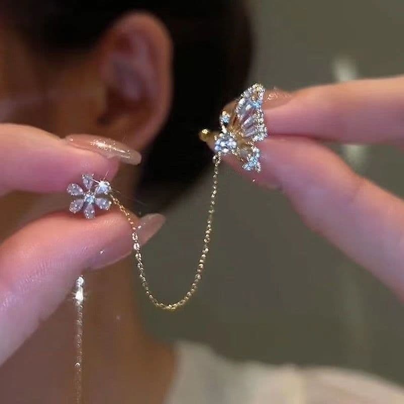 image-Elegant Butterfly Flower Tassel Ear Clips for Women - EJ023 Gold