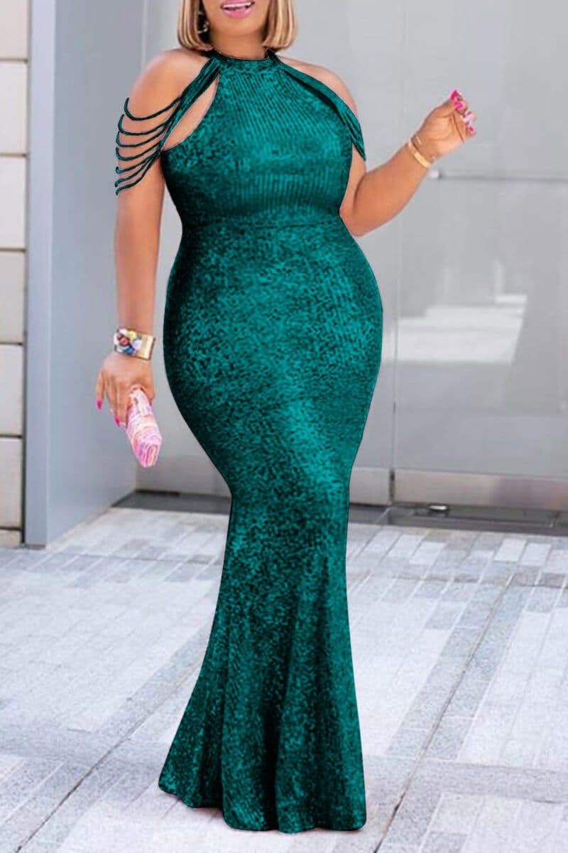 image-Hot Mai Sequined Dress - Blue 5XL Mesh