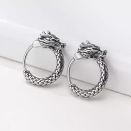 image-Retro Dragon Men's Earrings, Silver Hip-Hop Zodiac Style 2023