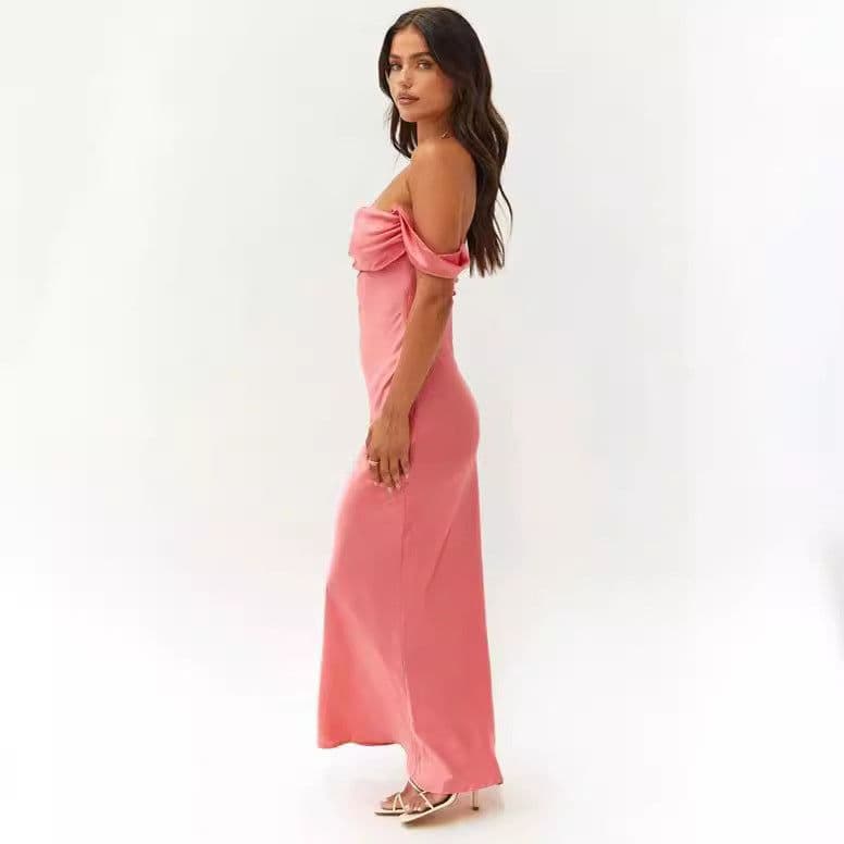 image-2023 Spring and Summer European and American New Ins One Shoulder Tube Top Satin Hip-Hip Backless Women's Dress Long Dress Evening Dress