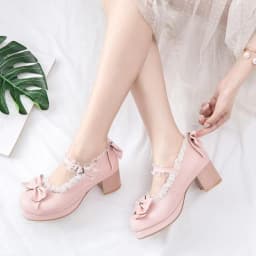 image-Japanese Fairy Shoes Pink Mary Jane Lolita Thick Heel Lace - Size 43