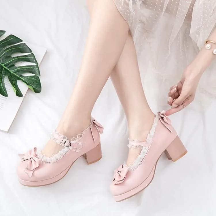 image-Japanese Fairy Shoes Pink Mary Jane Lolita Thick Heel Lace - Size 43