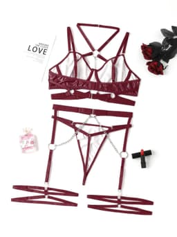 image-Women's Lingerie Set - Black Polyester 3-Piece Chain Neck