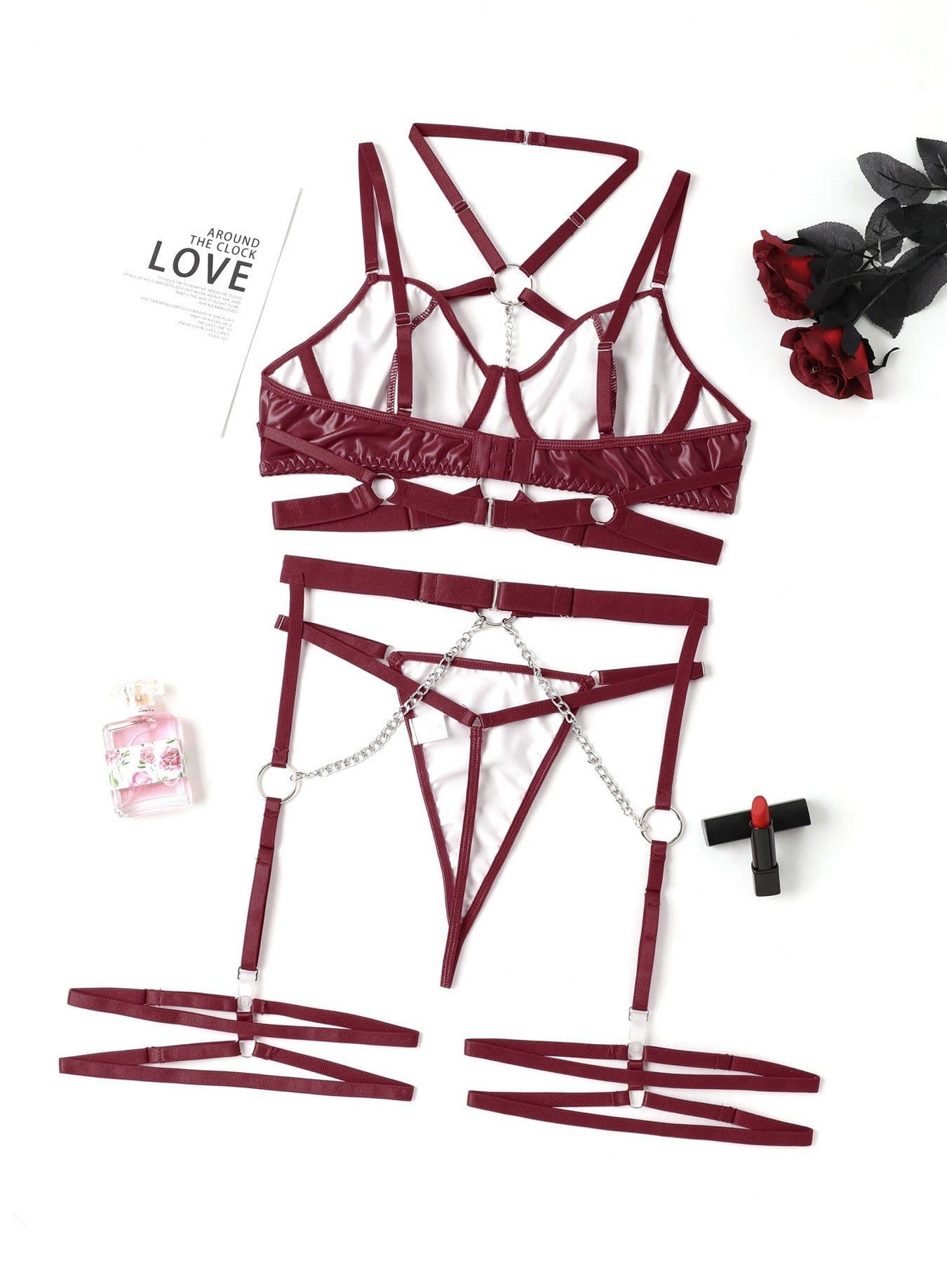 image-Women's Lingerie Set - Black Polyester 3-Piece Chain Neck