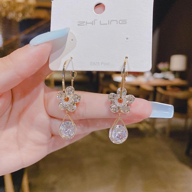 image-Flower Zircon Earrings - Purple Alloy Floral Studs