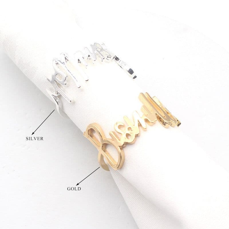 image-Decorative Alloy Alphabet Napkin Ring - Silver, Pack of 6