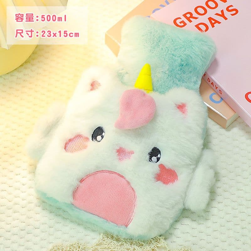 image-Water-filled Hot Water Bottle - Gray Plush 1000ML Thickened Hand Warmer Bag
