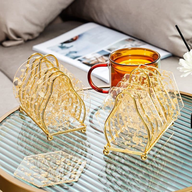image-Luxury Gold Foil Acrylic Coaster Set - Heat Resistant Nordic Pad