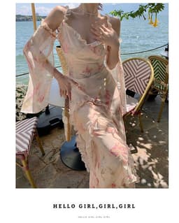 image-Holiday Floral Beach Dress - Summer Long Skirt Women's V-Neck Chain Link