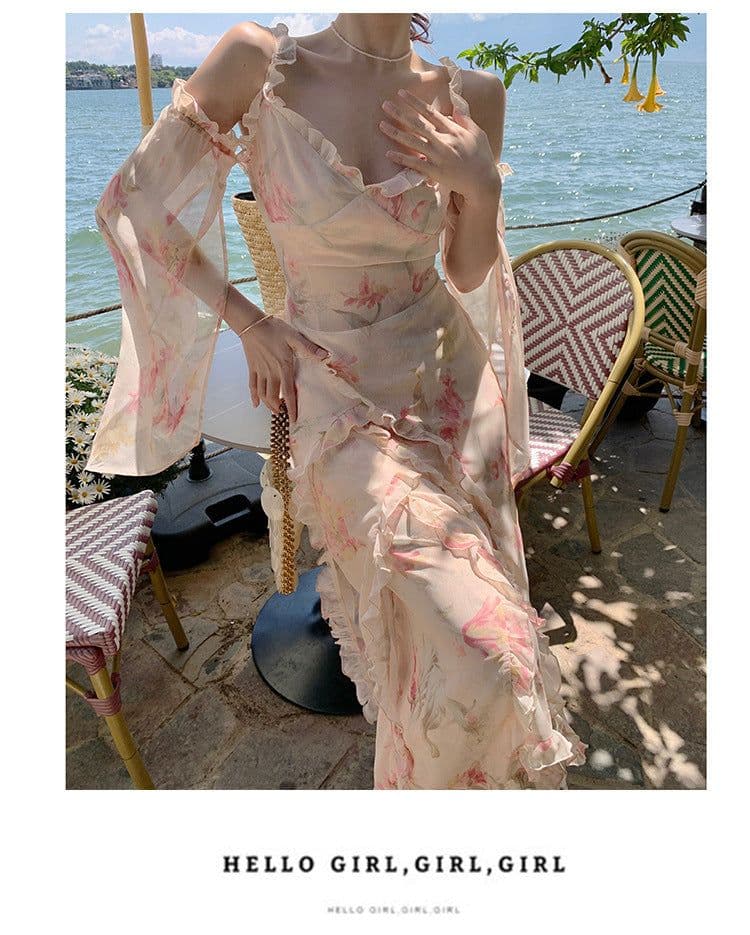 image-Holiday Floral Beach Dress - Summer Long Skirt Women's V-Neck Chain Link
